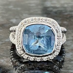 Silver tone Aqua Crystal & CZ Cocktail Ring  Sz 6